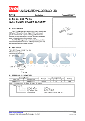 6N40L-TF3-T datasheet - 6 Amps, 400 Volts N-CHANNEL POWER MOSFET