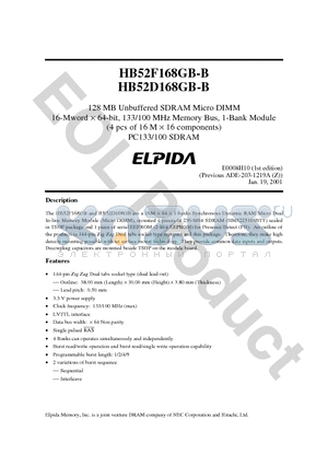 HB52D168GB-B datasheet - 128 MB Unbuffered SDRAM Micro DIMM 16-Mword  64-bit, 133/100 MHz Memory Bus, 1-Bank Module (4 pcs of 16 M  16 components) PC133/100 SDRAM