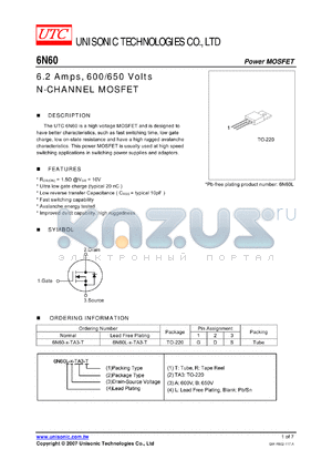 6N60-BTA3-R datasheet - 6.2 Amps, 600/650 Volts N-CHANNEL MOSFET