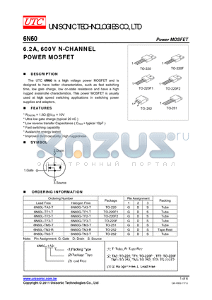 6N60G-TF1-T datasheet - 6.2A, 600V N-CHANNEL POWER MOSFET