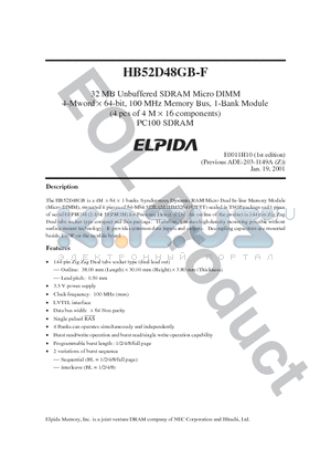 HB52D48GB-B6F datasheet - 32 MB Unbuffered SDRAM Micro DIMM 4-Mword  64-bit, 100 MHz Memory Bus, 1-Bank Module (4 pcs of 4 M  16 components) PC100 SDRAM