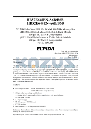 HB52E648EN-B6B datasheet - 512 MB Unbuffered SDRAM DIMM, 100 MHz Memory Bus