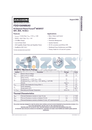 FDD10AN06A0 datasheet - N-Channel PowerTrench MOSFET 60V, 50A, 10.5m