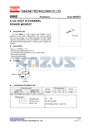 6N60Z datasheet - 6.2A, 600V N-CHANNEL POWER MOSFET