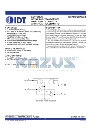 IDT50LVCR2245APG datasheet - 3.3V CMOS OCTAL BUS TRANSCEIVER WITH 3-STATE OUTPUTS AND 5 VOLT TOLERANT I/O