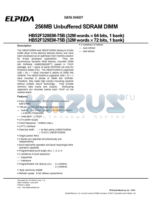 HB52F328EM-75B datasheet - 256MB Unbuffered SDRAM DIMM