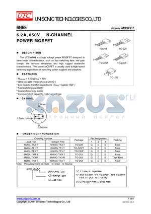 6N65L-TN3-R datasheet - 6.2A, 650V N-CHANNEL POWER MOSFET