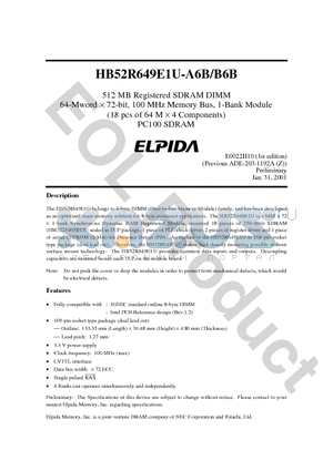 HB52R649E1U-A6B datasheet - 512 MB Registered SDRAM DIMM 64-Mword  72-bit, 100 MHz Memory Bus, 1-Bank Module (18 pcs of 64 M  4 Components) PC100 SDRAM