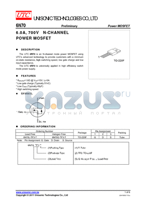 6N70 datasheet - 6.0A, 700V N-CHANNEL POWER MOSFET