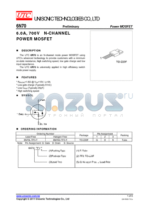 6N70G-TF3-T datasheet - 6.0A, 700V N-CHANNEL POWER MOSFET