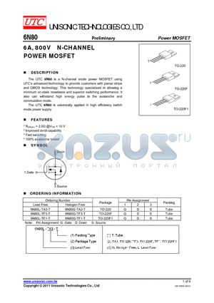 6N80G-TF1-T datasheet - 6A, 800V N-CHANNEL POWER MOSFET