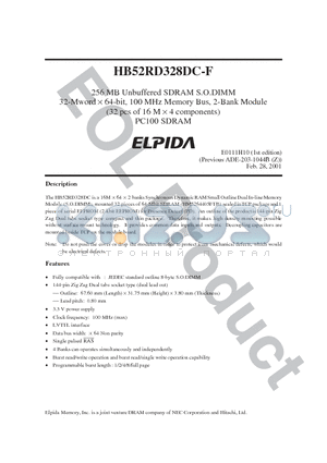 HB52RD328DC-B6F datasheet - 256 MB Unbuffered SDRAM S.O.DIMM 32-Mword  64-bit, 100 MHz Memory Bus, 2-Bank Module (32 pcs of 16 M  4 components) PC100 SDRAM