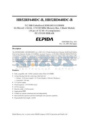 HB52RD648DC-B datasheet - 512 MB Unbuffered SDRAM S.O.DIMM 64-Mword  64-bit, 133/100 MHz Memory Bus, 2-Bank Module (16 pcs of 32 M  8 components) PC133/100 SDRAM