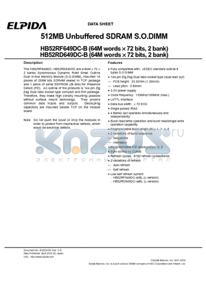 HB52RD649DC-B datasheet - 512MB Unbuffered SDRAM S.O.DIMM