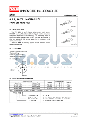 6N90G-TF1-T datasheet - 6.2A, 900V N-CHANNEL POWER MOSFET