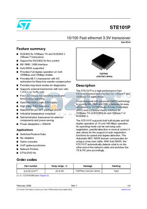 E-STE101P datasheet - 10/100 Fast ethernet 3.3V transceiver