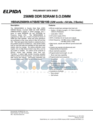 HB54A2568KN-10B datasheet - 256MB DDR SDRAM S.O.DIMM