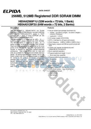 HB54A2569F1U-10B datasheet - 256MB, 512MB Registered DDR SDRAM DIMM