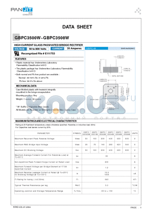 GBPC3500W datasheet - HIGH CURRENT GLASS PASSIVATED BRIDGE RECTIFIER