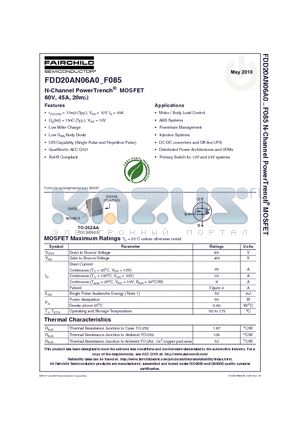 FDD20AN06A0_10 datasheet - N-Channel PowerTrench^ MOSFET 60V, 45A, 20mW