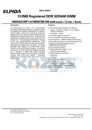 HB54A5129F1-10B datasheet - 512MB Registered DDR SDRAM DIMM