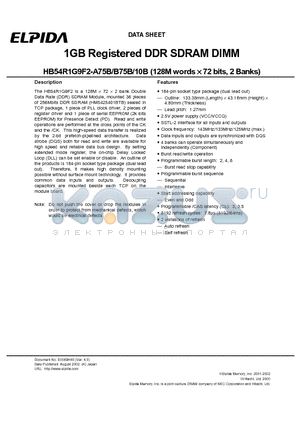 HB54R1G9F2 datasheet - 1GB Registered DDR SDRAM DIMM