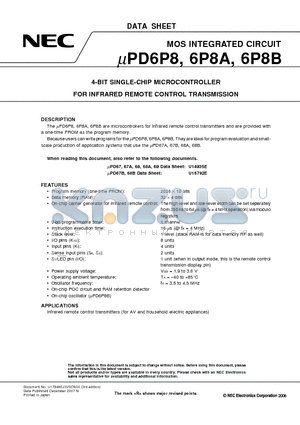 6P8A datasheet - MOS INTEGRATED CIRCUIT 4-BIT SINGLE-CHIP MICROCONTROLLER FOR INFRARED REMOTE CONTROL TRANSMISSION