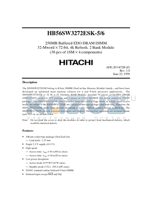 HB56SW3272ESK-5 datasheet - 256MB Buffered EDO DRAM DIMM 32-Mword x 72-bit, 4k Refresh, 2 Bank Module(36 pcs of 16M x 4 components)