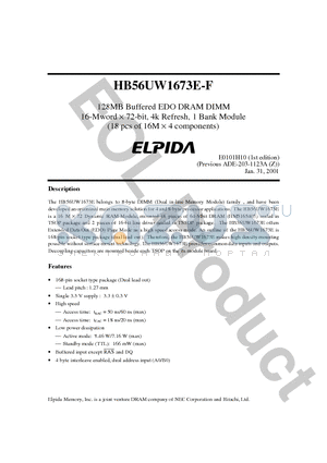 HB56UW1673E-6F datasheet - 128MB Buffered EDO DRAM DIMM 16-Mword  72-bit, 4k Refresh, 1 Bank Module (18 pcs of 16M  4 components)