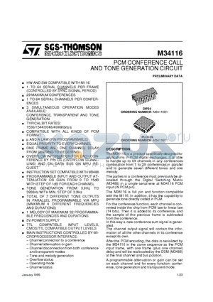 M34116 datasheet - PCM CONFERENCE CALL AND TONE GENERATION CIRCUIT