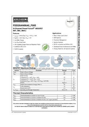 FDD26AN06A0_11 datasheet - N-Channel PowerTrench^ MOSFET 60V, 36A, 26mY