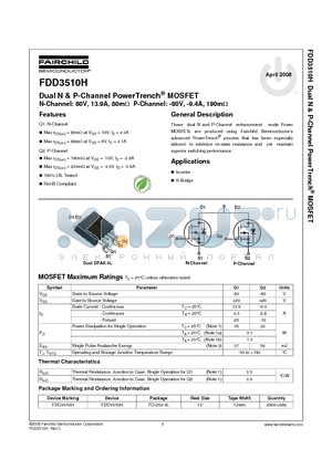 FDD3510H datasheet - Dual N & P-Channel PowerTrench MOSFET N-Channel: 80V, 13.9A, 80mOHM P-Channel: -80V, -9.4A, 190mOHM