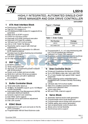 L5510 datasheet - HIGHLY INTEGRATED, AUTOMATED SINGLE-CHIP DRIVE MANAGER AND DISK DRIVE CONTROLLER