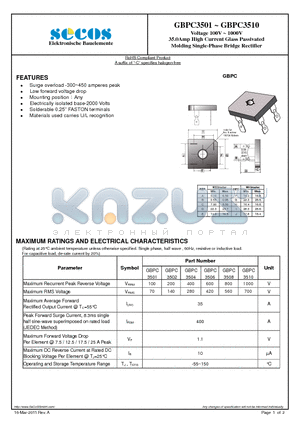 GBPC3502 datasheet - Molding Single-Phase Bridge Rectifier