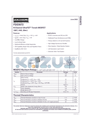 FDD3672 datasheet - N-Channel UltraFET Trench MOSFET 100V, 44A, 28m