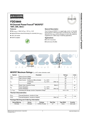 FDD3860 datasheet - N-Channel PowerTrench MOSFET 100V, 29A, High performance trench technology for extremely low