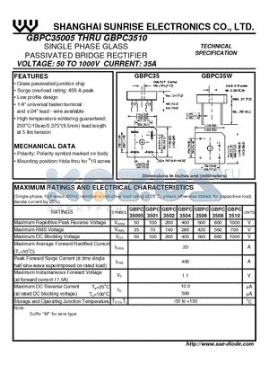 GBPC3504 datasheet - SINGLE PHASE GLASS PASSIVATED BRIDGE RECTIFIER