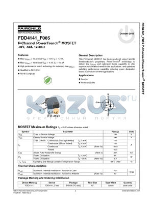FDD4141_10 datasheet - P-Channel PowerTrench^ MOSFET -40V, -50A, 12.3mY