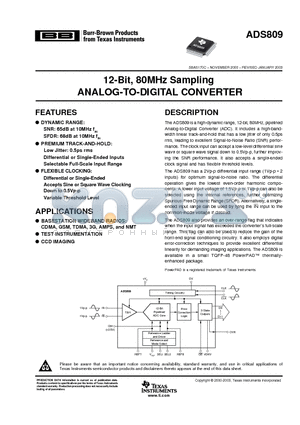 ADS809Y/250 datasheet - 12-Bit, 80MHz Sampling ANALOG-TO-DIGITAL CONVERTER