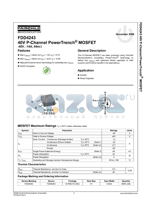 FDD4243 datasheet - 40V P-Channel PowerTrench MOSFET -40V, -14A, 44mohm