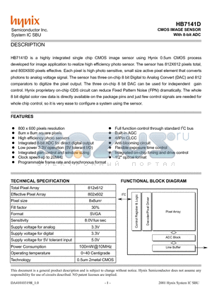 HB7141D datasheet - CMOS IMAGE SENSOR With 8-bit ADC