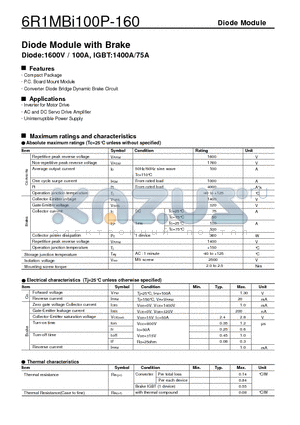 6R1MBI100P-160 datasheet - Diode Module with Brake (Diode:1600V / 100A, IGBT:1400A/75A)