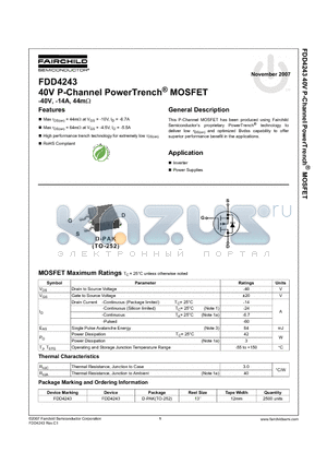 FDD4243 datasheet - 40V P-Channel PowerTrench^ MOSFET