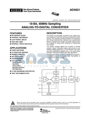 ADS821U datasheet - 10-Bit, 40MHz Sampling ANALOG-TO-DIGITAL CONVERTER