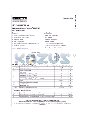 FDD45AN06LA0 datasheet - N-Channel PowerTrench  MOSFET 60V, 22A, 45m