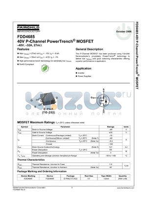 FDD4685 datasheet - 40V P-Channel PowerTrench MOSFET -40V -32A 27m ohm