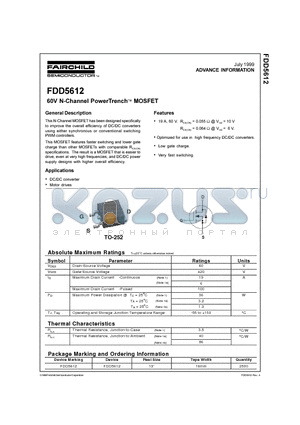 FDD5612 datasheet - 60V N-Channel PowerTrench MOSFET