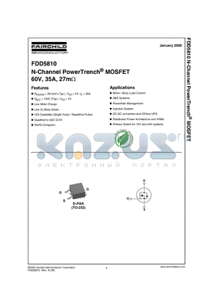 FDD5810 datasheet - N-Channel PowerTrench^ MOSFET 60V, 35A, 27mOhm