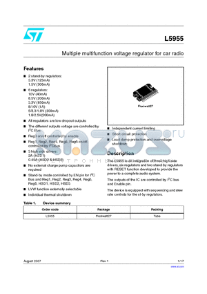 L5955 datasheet - Multiple multifunction voltage regulator for car radio