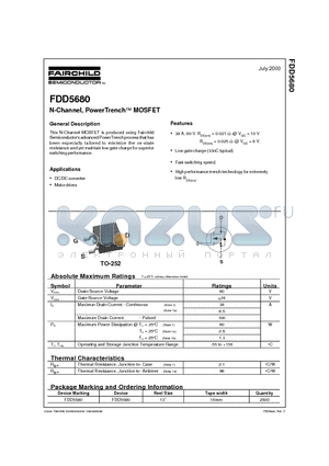 FDD5680 datasheet - N-Channel, PowerTrench MOSFET